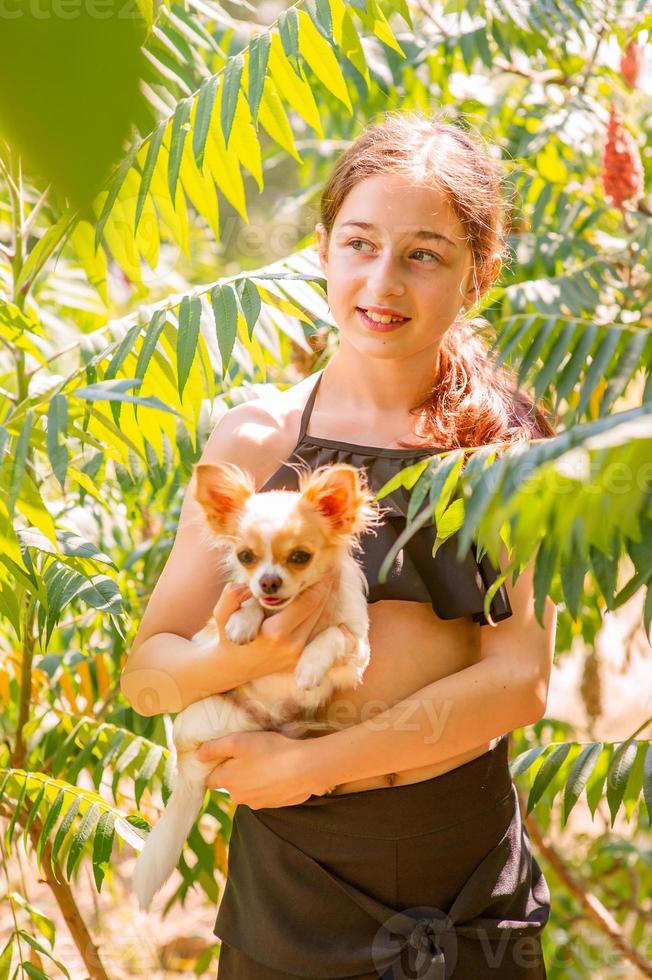 adolescente con un perro. niña abrazando a chihuahua. foto