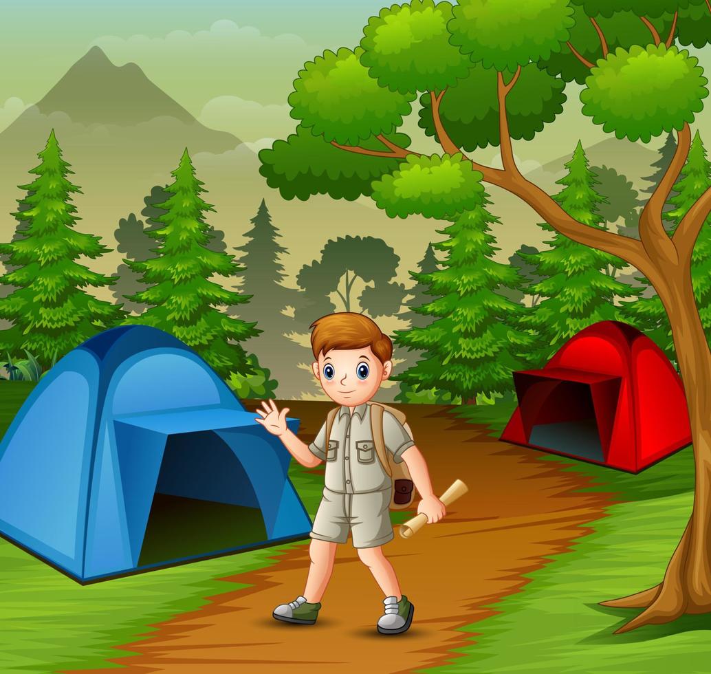 Boy in explorer outfit camping out in nature vector