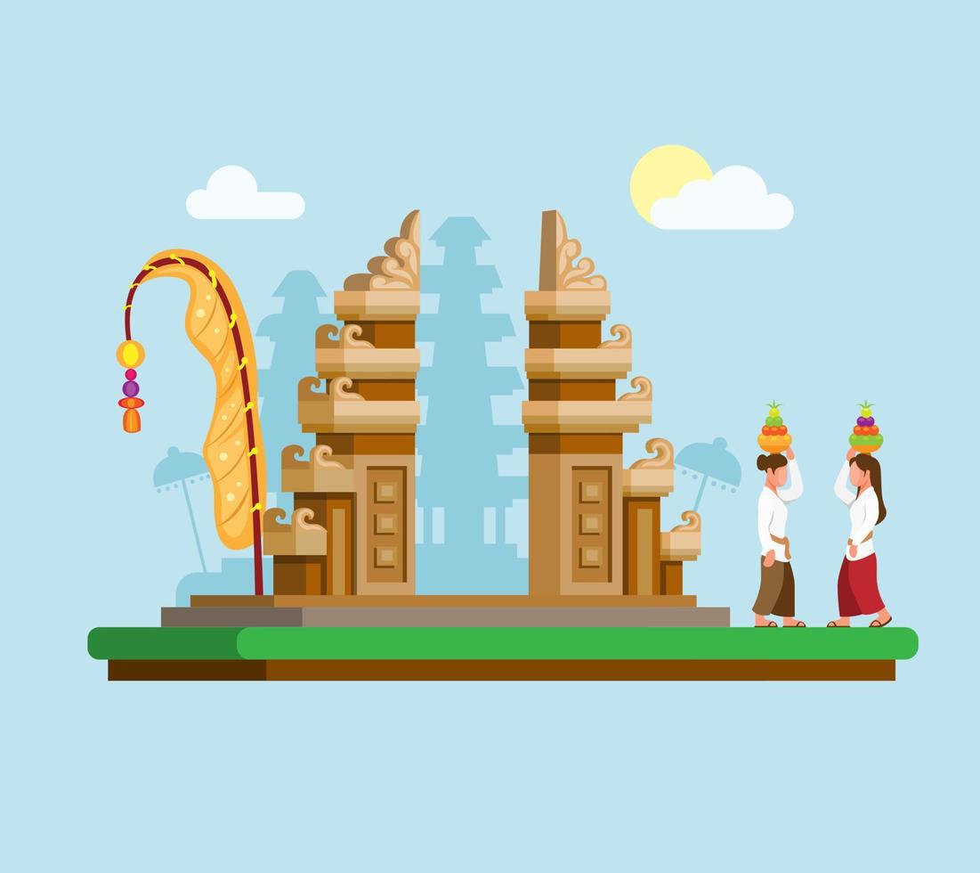 nyepi o galungan, también conocido como día del silencio, ceremonia tradicional, religión hindú en el edificio pura de bali, indonesia, ilustración vectorial vector