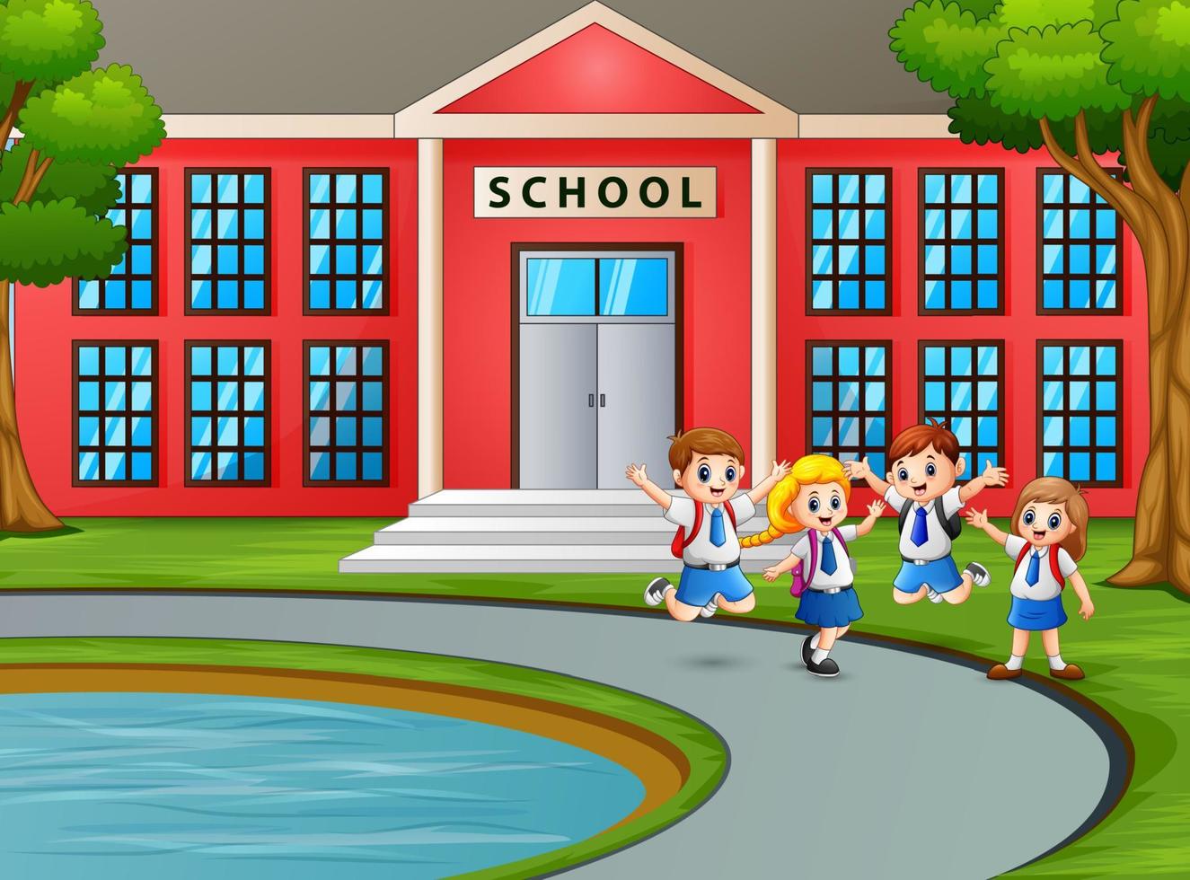 Happy children in uniform with backpack going to school vector