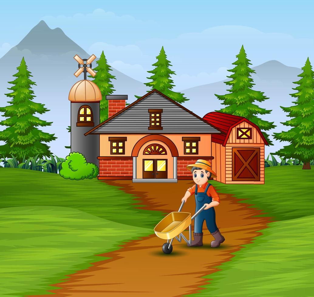 Farmers working in the farmhouse background vector
