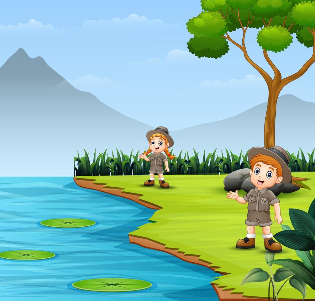 niños exploradores hablando y explorando en el paisaje natural vector