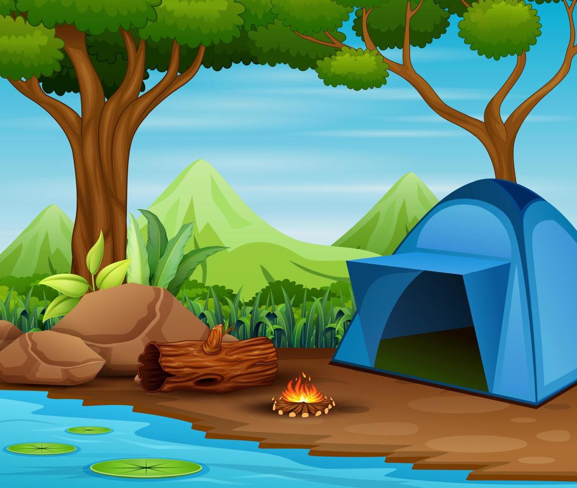Summer tourist camp in forest near lake 5221049 Vector Art at Vecteezy