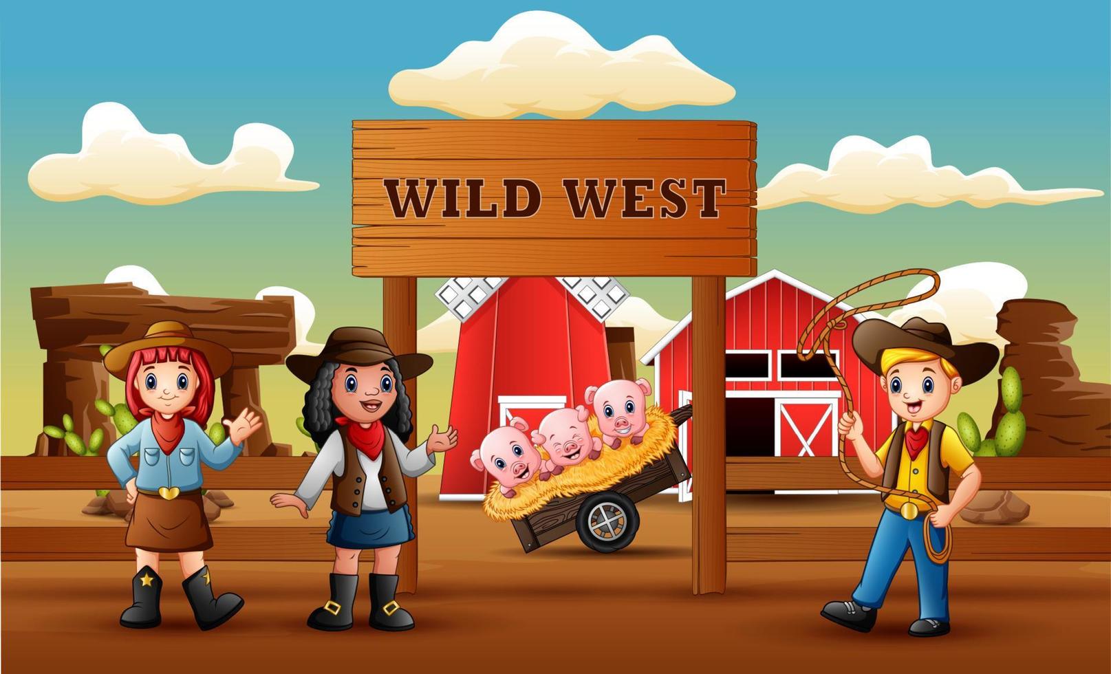 Cowboy wild west cartoon with animal in farm entrance vector