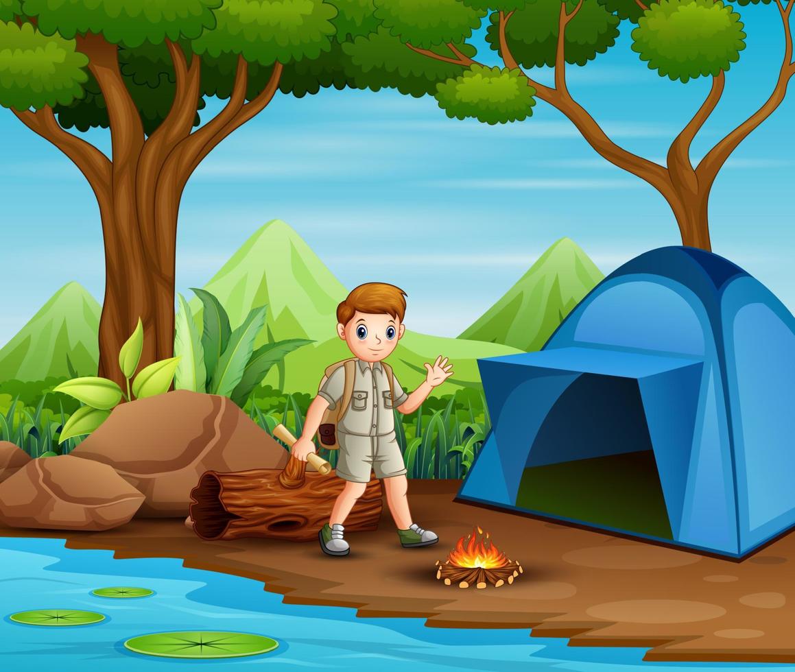 chico con traje de explorador acampando en la naturaleza vector