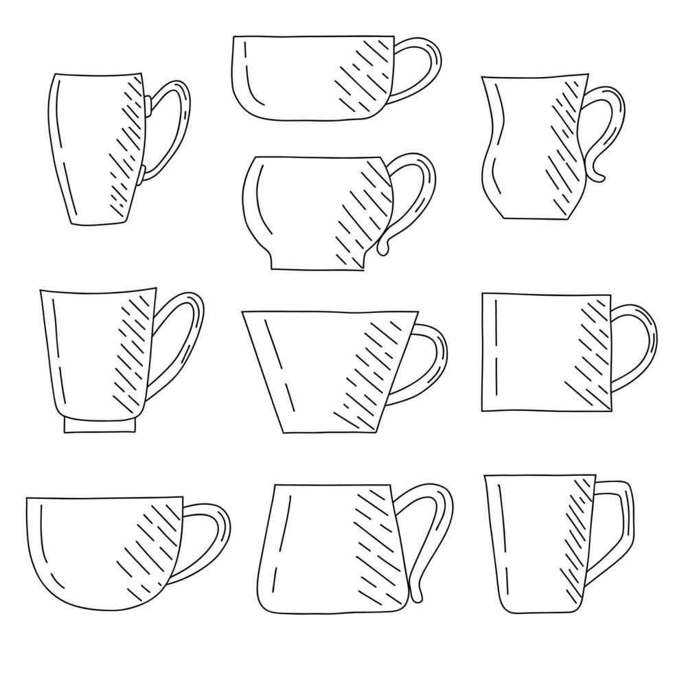 Vector set of tea cups. Contoured cups for morning tea drinking. Design elements highlighted on a white background.