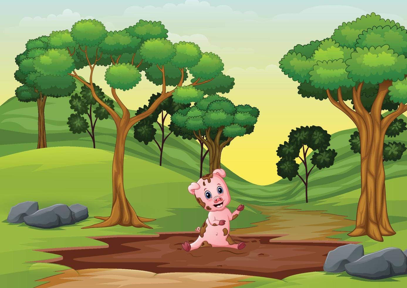 Little pigs playing a mud puddle at road to forest vector