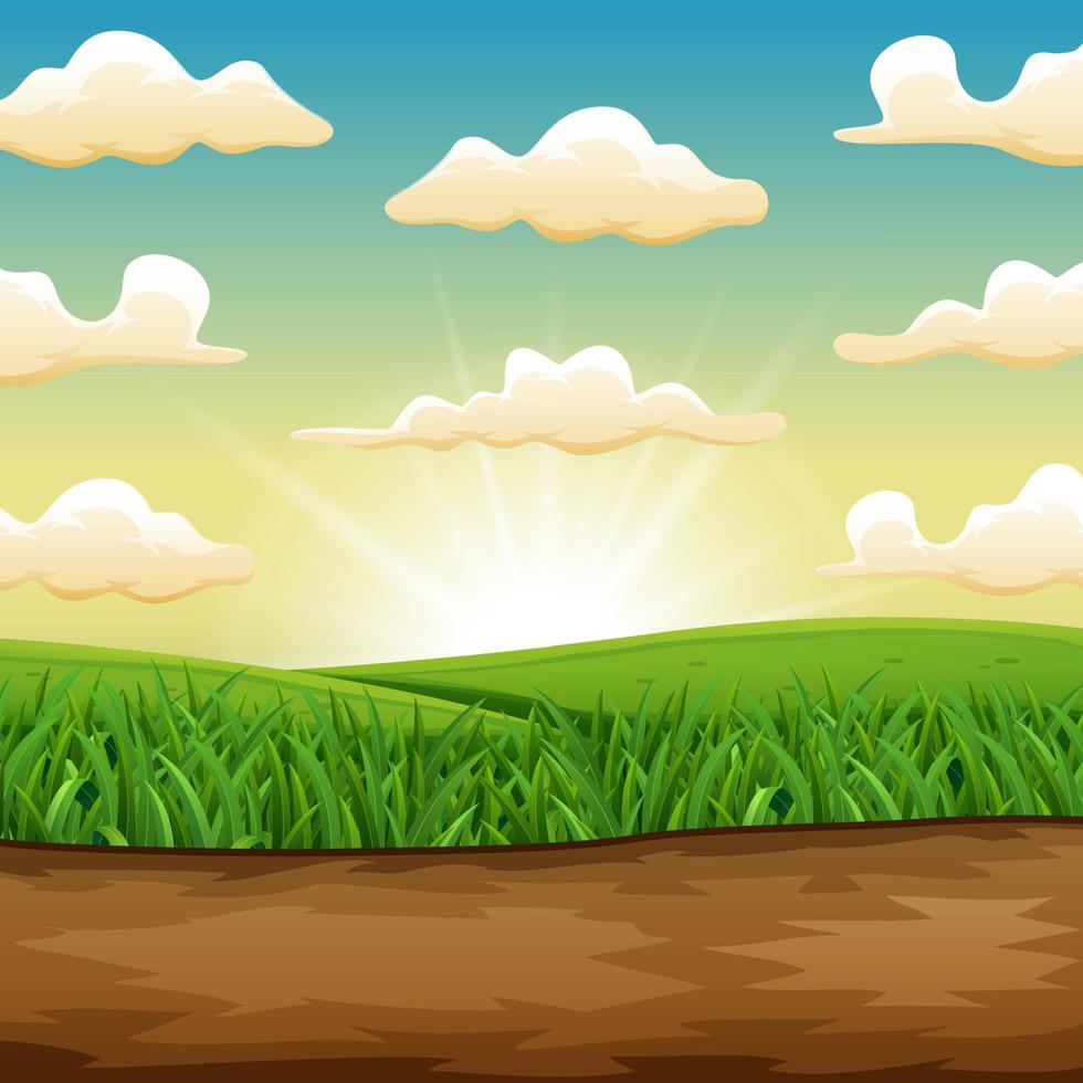 The sun rising or setting over a beautiful green field of grass vector