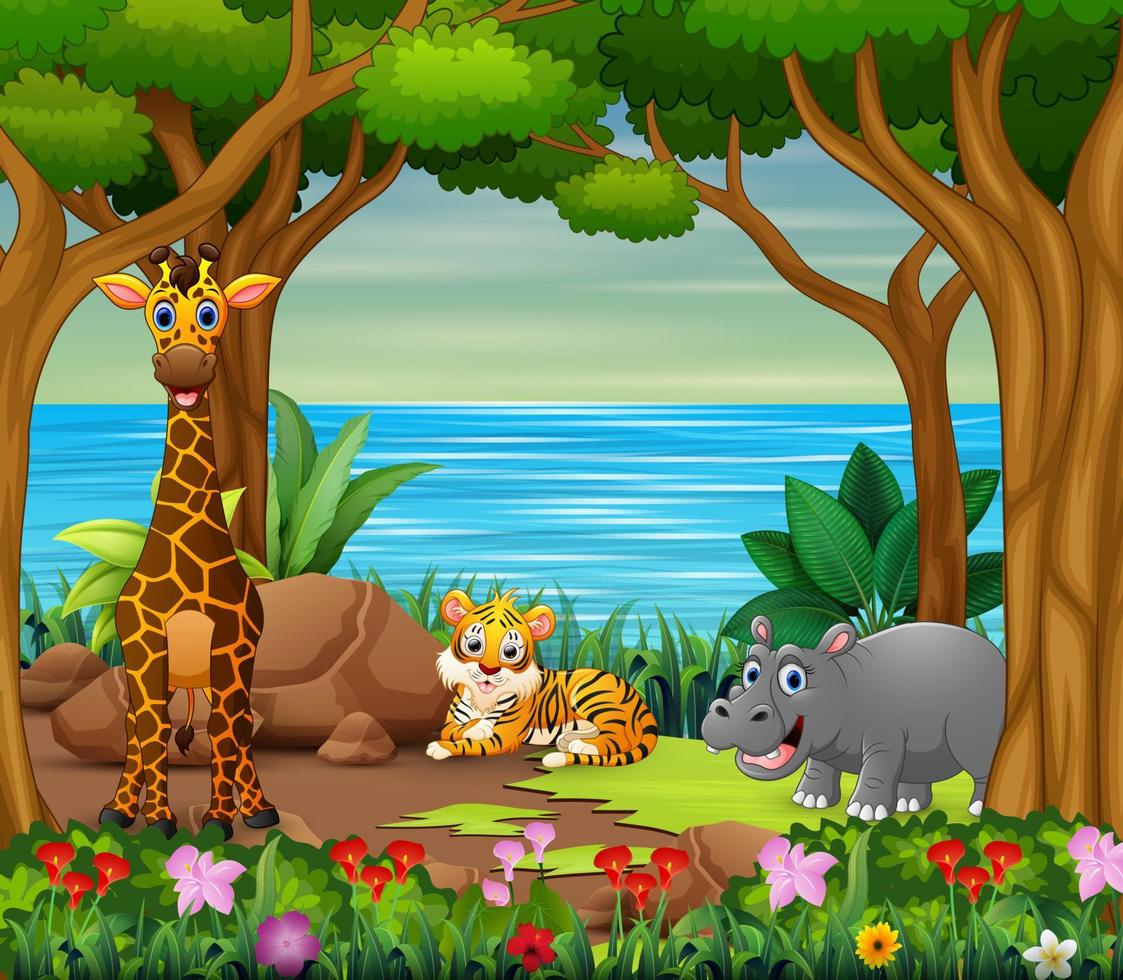 Wild animals cartoon living in the beautiful forest vector