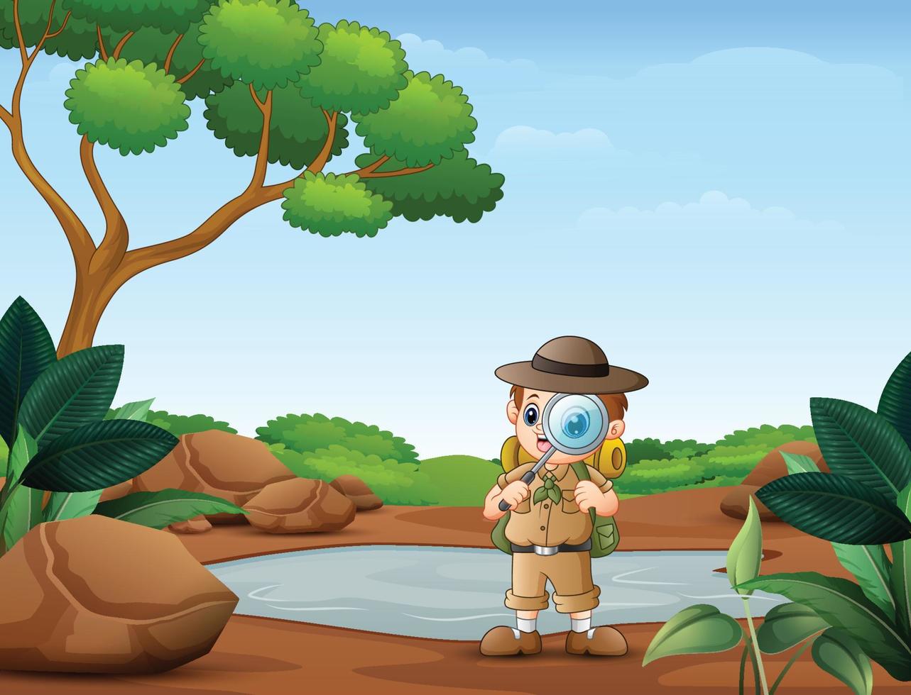The explorer boy with magnifying glass in the nature vector