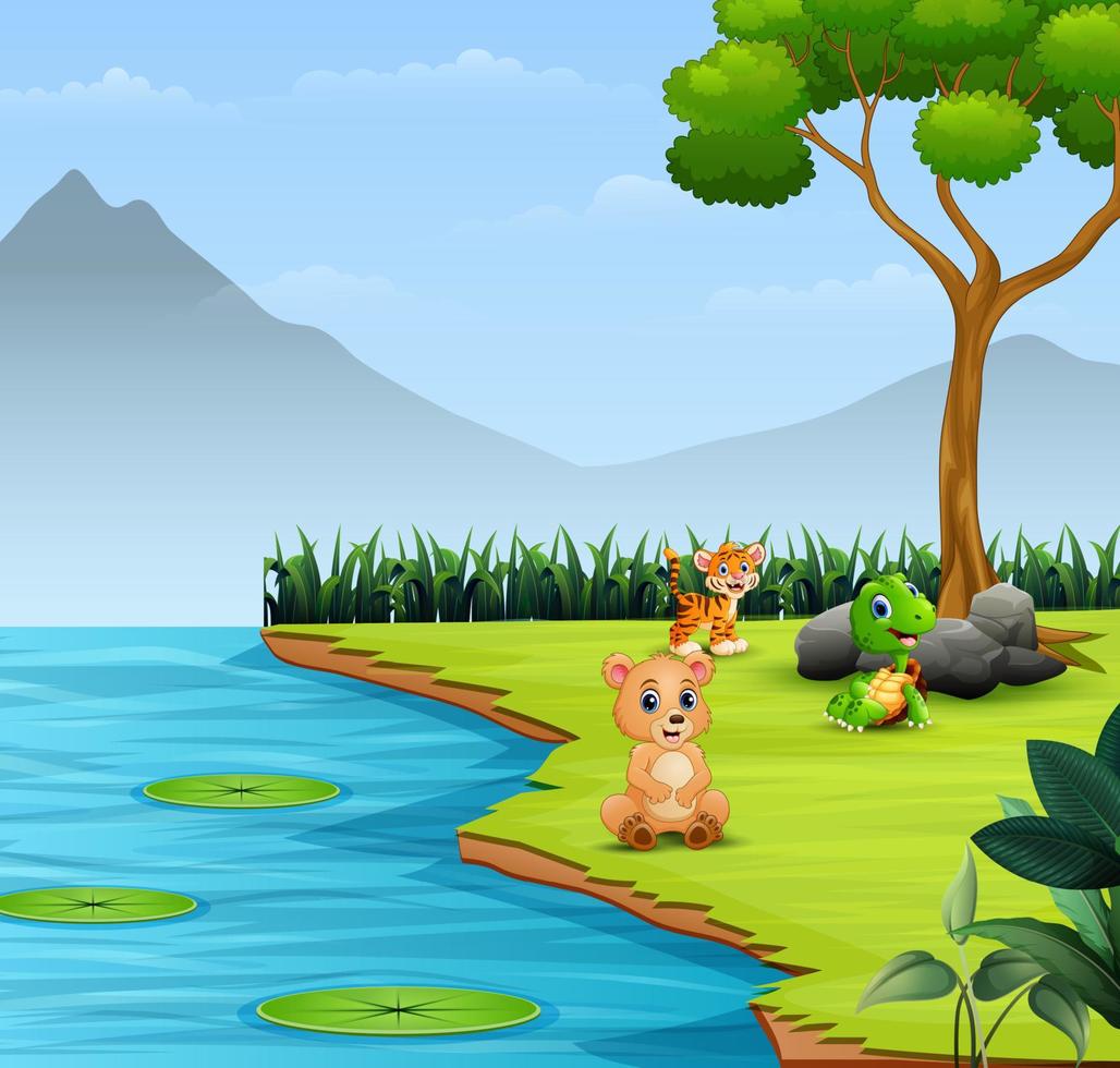 Wild animals playing by the river vector