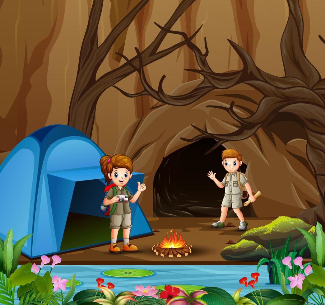 Young scout boy and girl in the camping zone scene vector