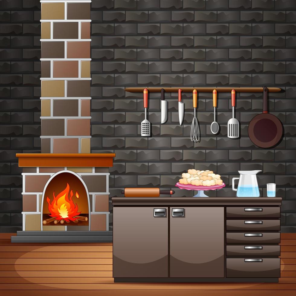 Fireplace in the traditional house near the kitchen vector