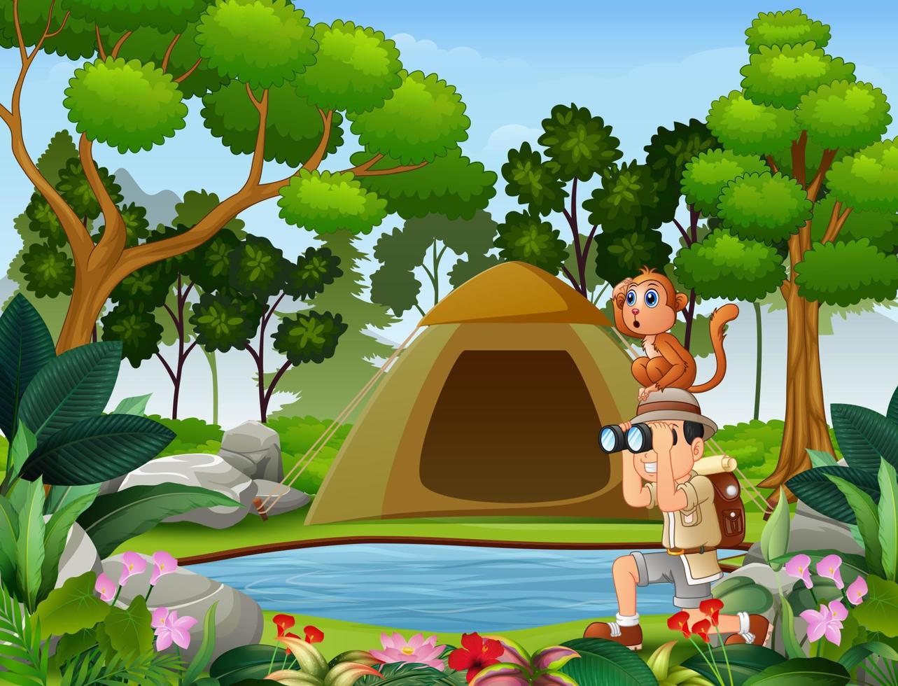 Boy using binoculars with a monkey near the small pond vector