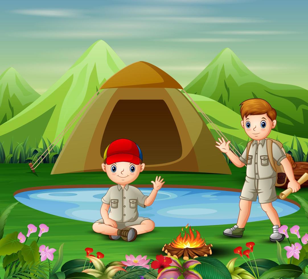 Two boys meet at the campsite vector