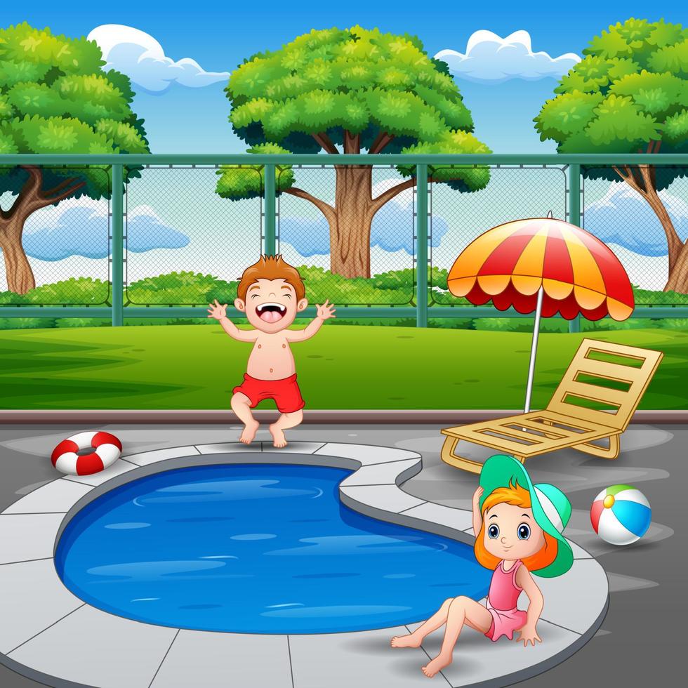 Frenesí Dedos de los pies Disipar niñas felices jugando en la piscina 5221066 Vector en Vecteezy