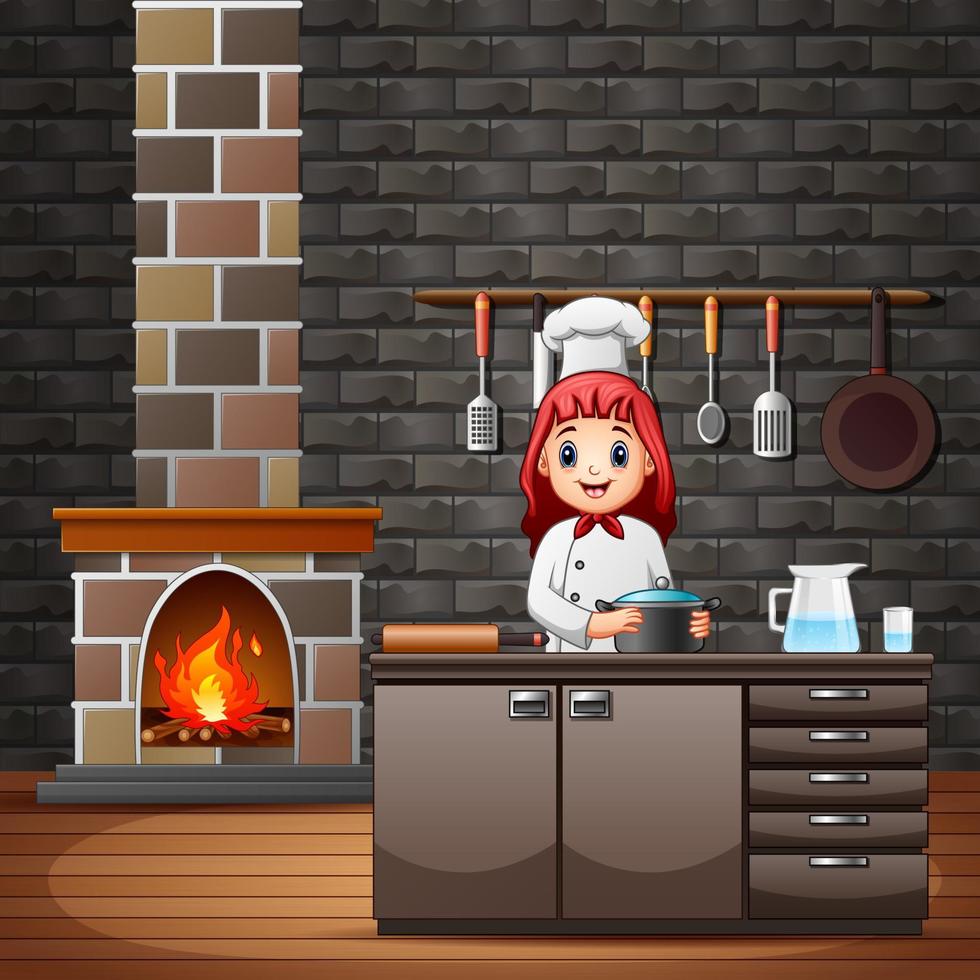 Happy smiling chef in kitchen preparing meals vector