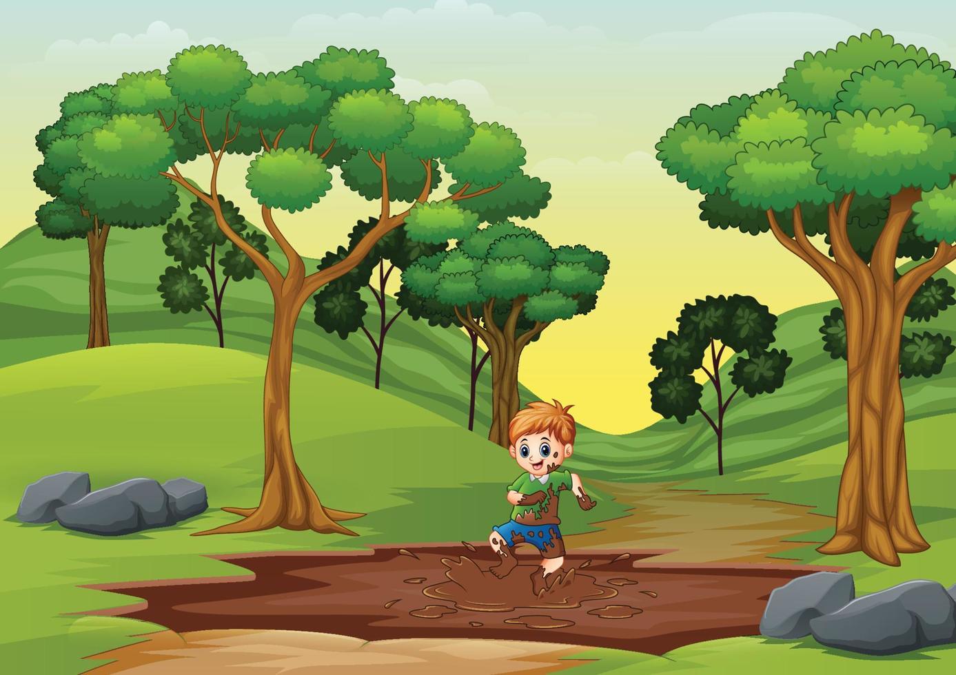 A young boy playing in a mud puddle vector