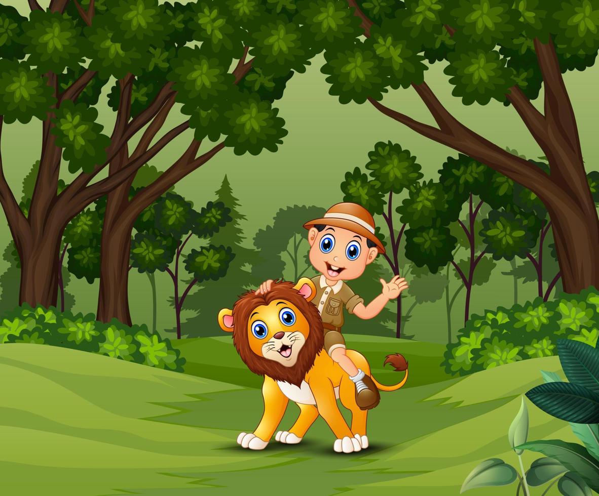 Zookeeper man with a lion walking around the jungle vector