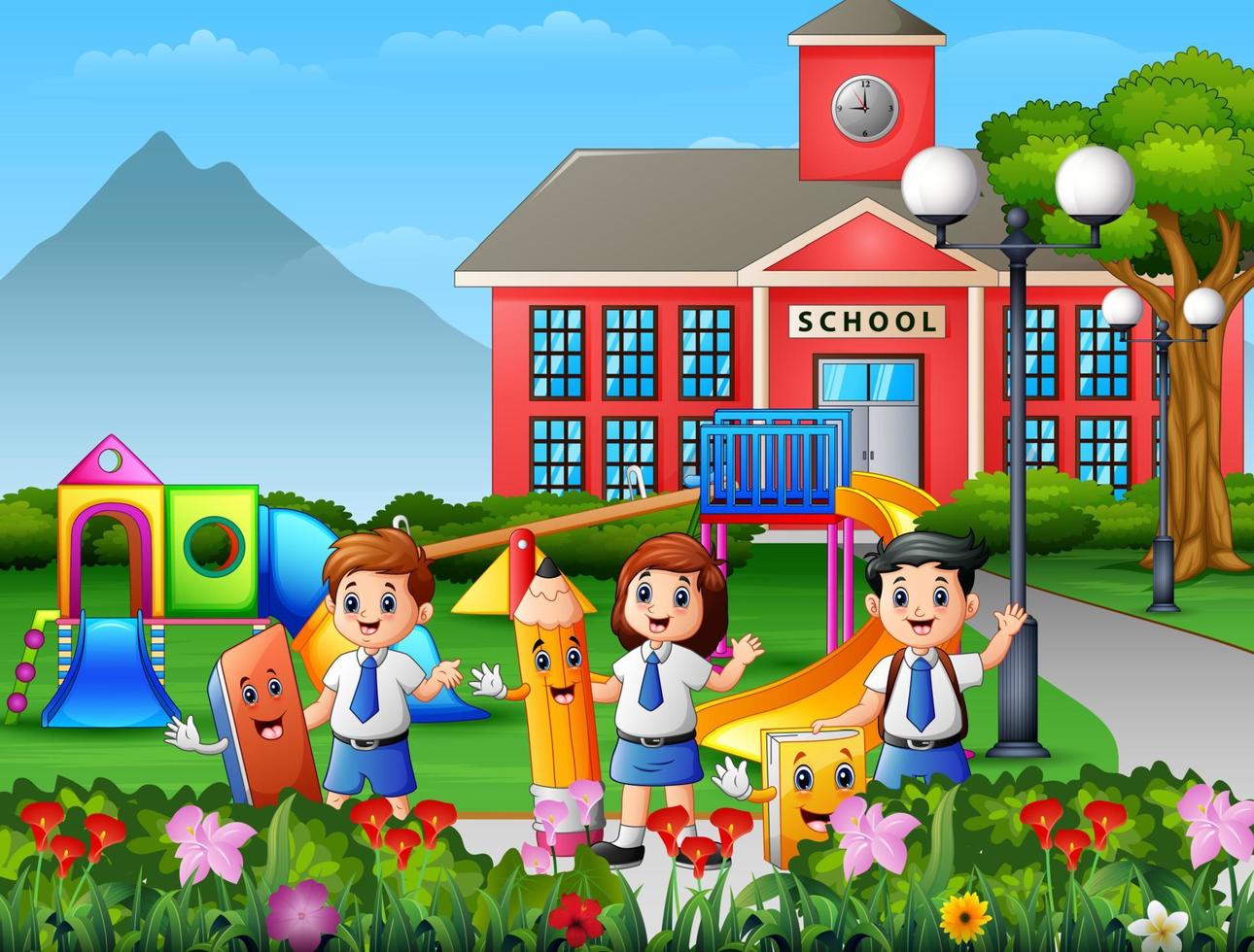 Happy school children holding stationery in the school yard vector