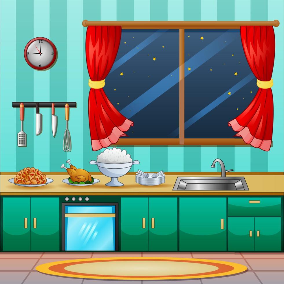 Background of kitchen interior with cuisine for dinner vector