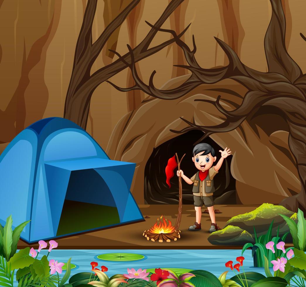 Scout boy on outdoor summer forest background with tent and backpack vector