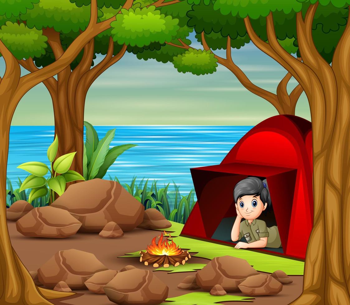 Scout boy in red tent and see the view around him vector