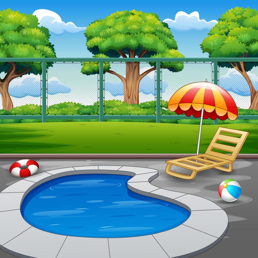 Outdoor small pool with chaise lounger and toys vector