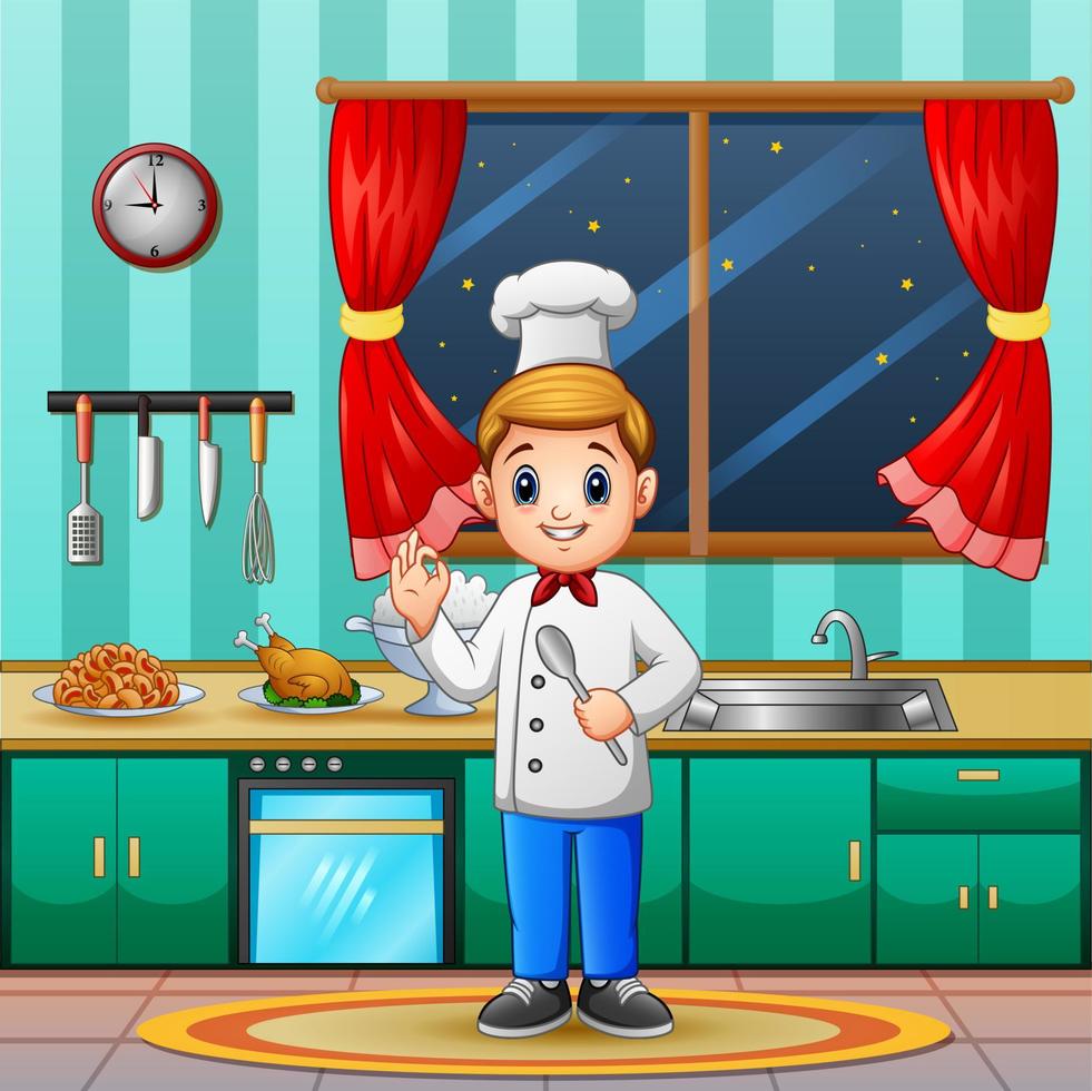 Chef show okay and the dishes ready to be served vector