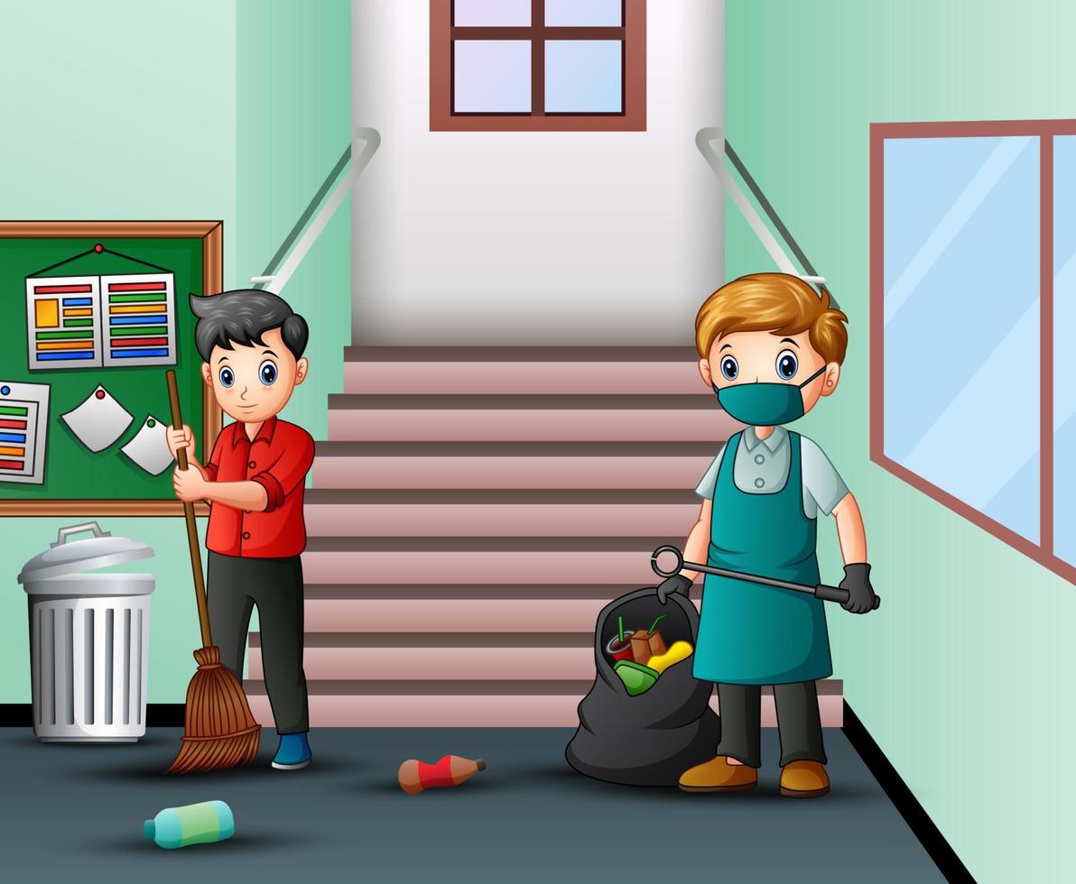 Cartoon janitor man cleaning school hallway vector