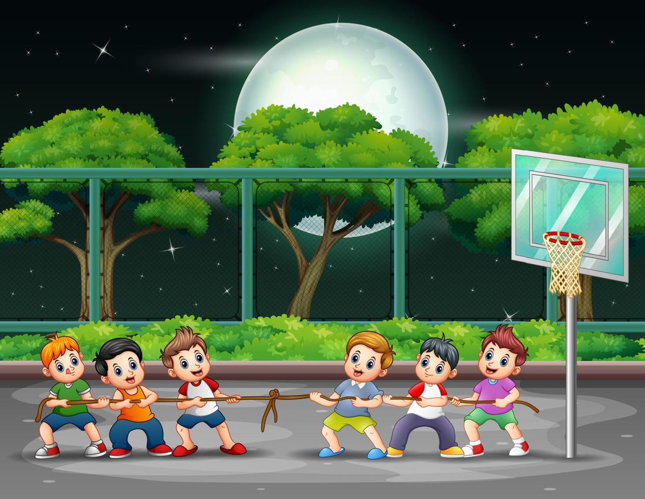 Group of boys playing tug of war on the court at night vector