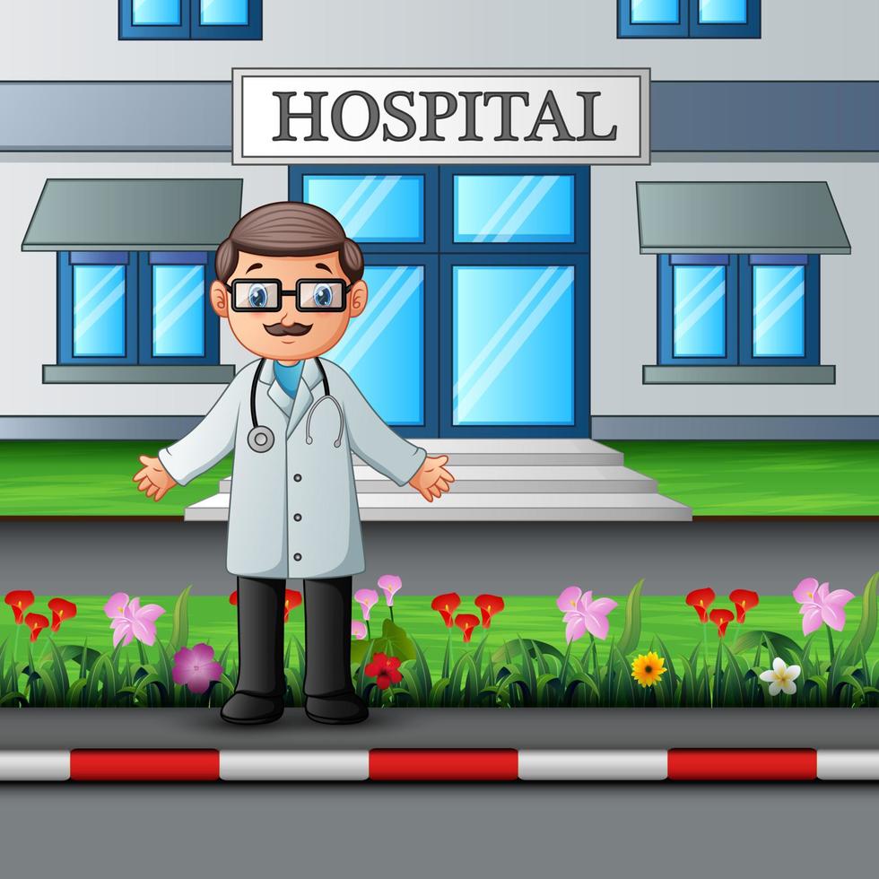 Cheerful doctor standing in front of hospital building vector