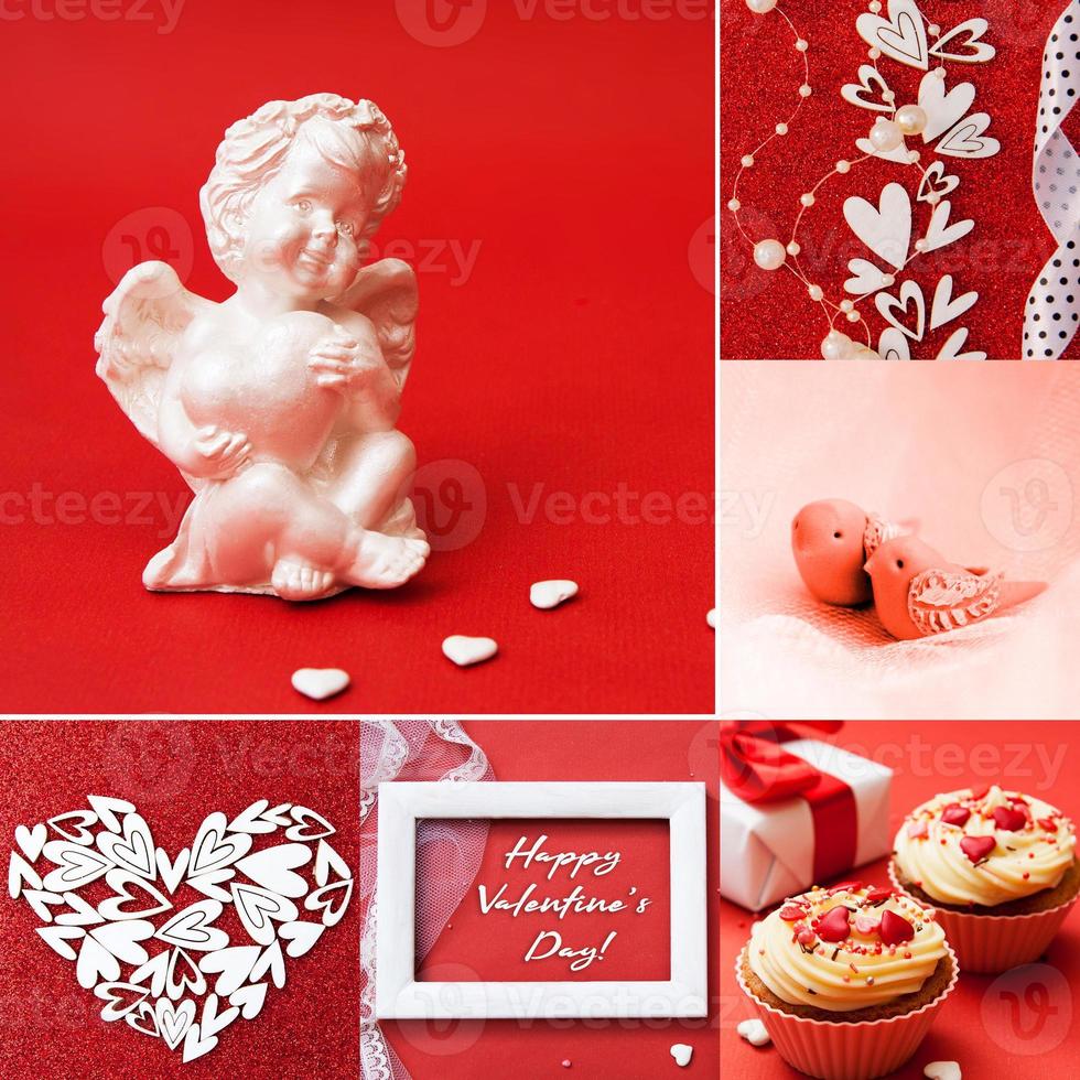 Hearts, angel, couple of birds, flowers, cupcakes on red background. Valentine's day collage photo
