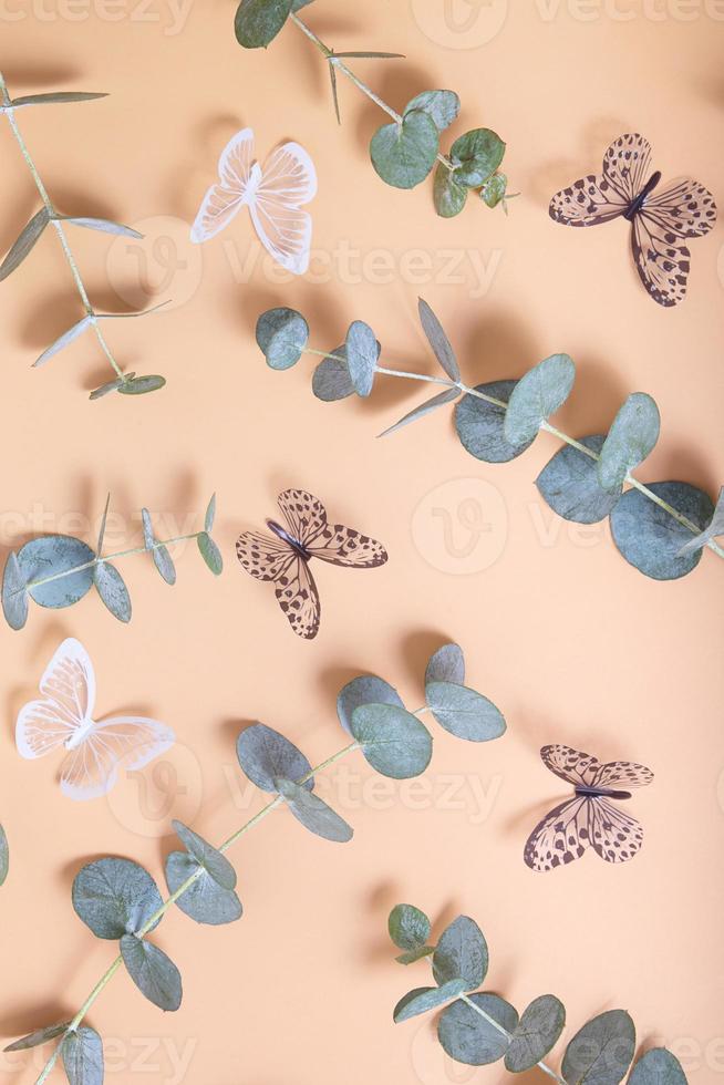 Eucalyptus branches and butterflies decorative top view on orange background. Vertical format. Spring creative flat lay background. photo