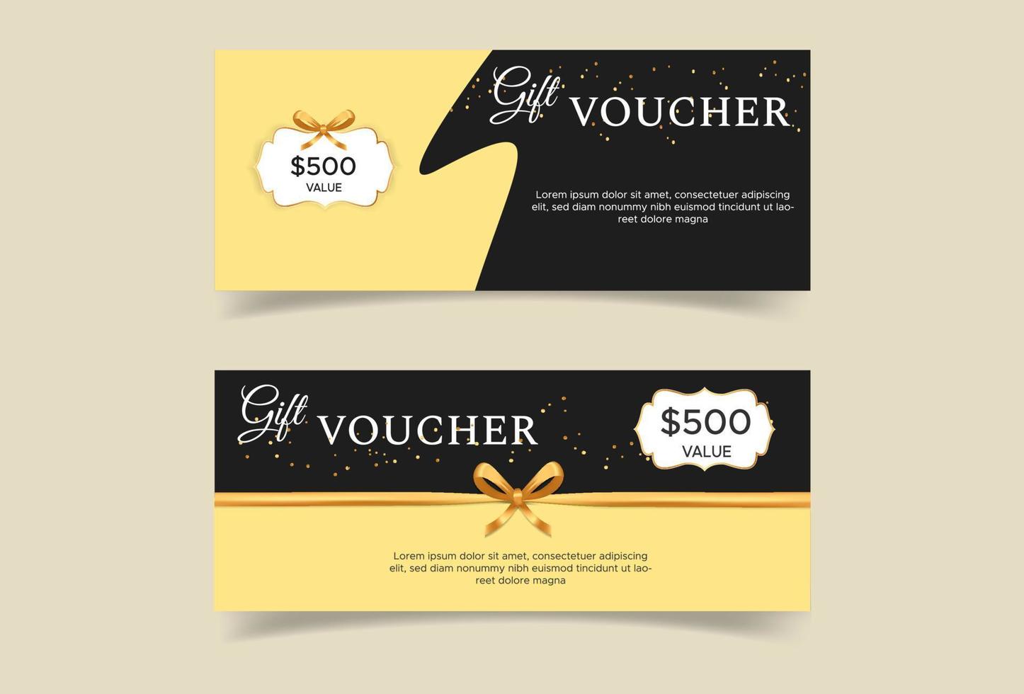 Vector set of luxury gift vouchers with ribbons and gift box. Elegant template for a festive gift card, coupon and certificate. Discount Coupon Template