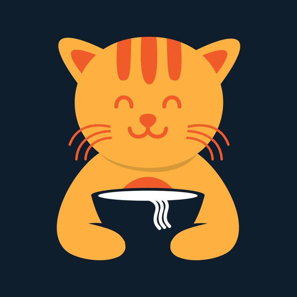 animal pets cat kitty kitten with food noodle bowl cute logo vector icon design