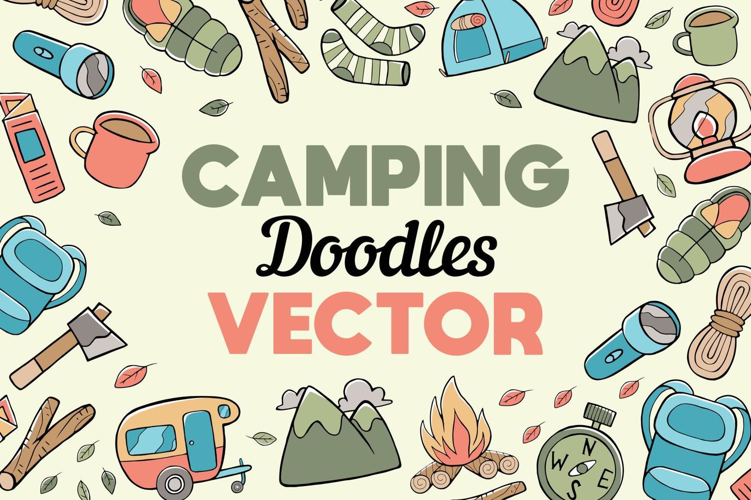 camping doodles vector background in cartoon style