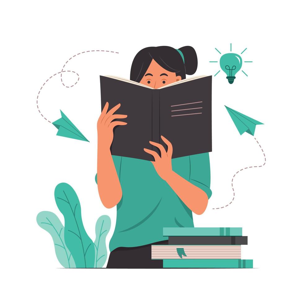 Woman Reading a Book and Thinking Good Idea. vector