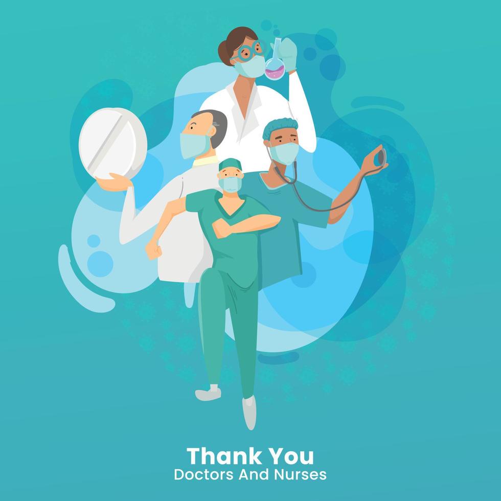 Thank you doctors and nurses. Thank you brave healthcare workers. Doctor is a hero. Medical personnel team for fighting the coronavirus. Eps10 vector illustration.