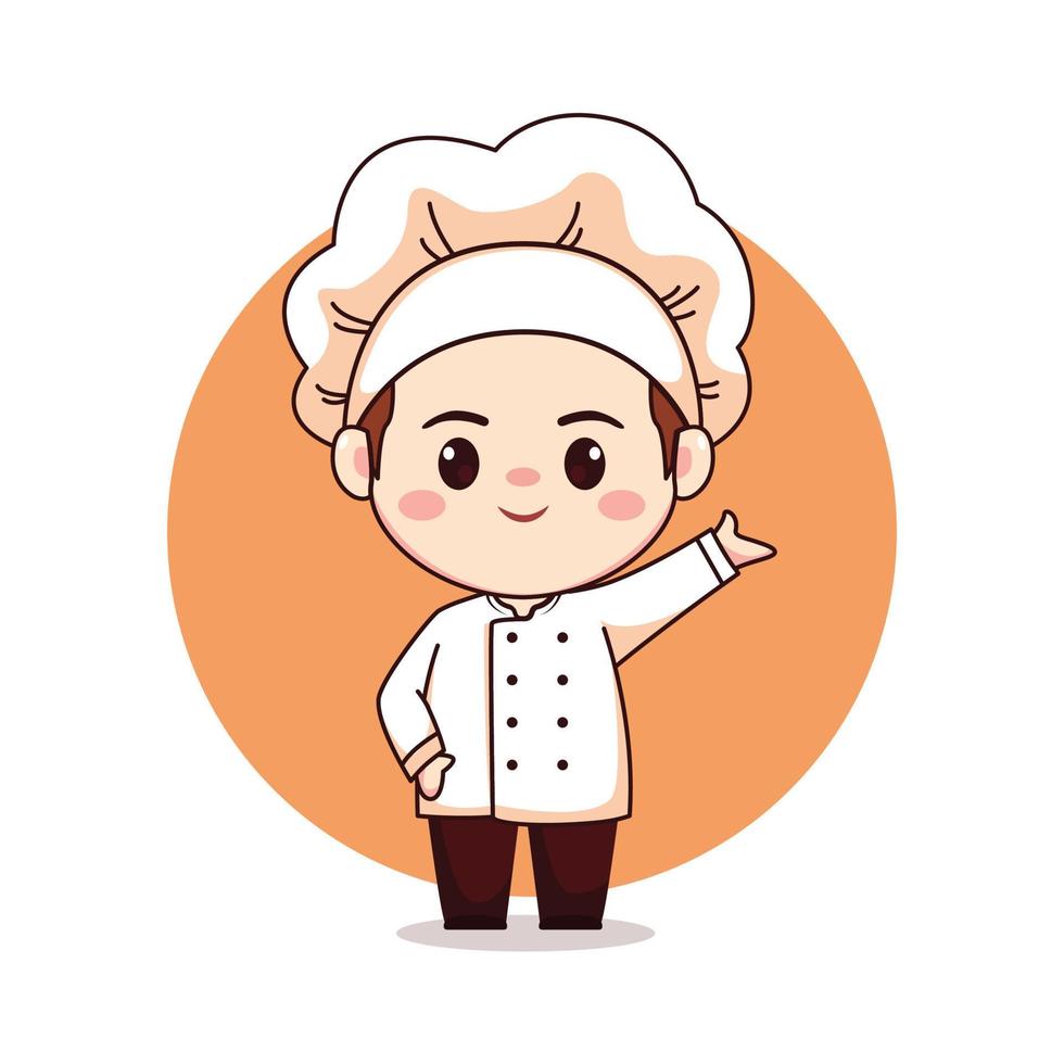 Cute happy male bakery chef cartoon manga chibi mascot logo character vector