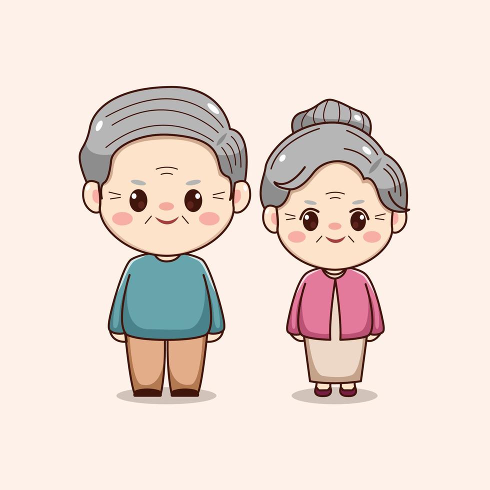 Illustration of cute happy grandparent kawaii chibi character design valentines day couple vector