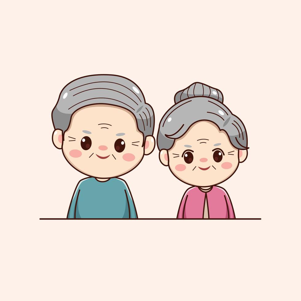 Illustration of cute happy grandparent kawaii chibi character design valentines day couple vector