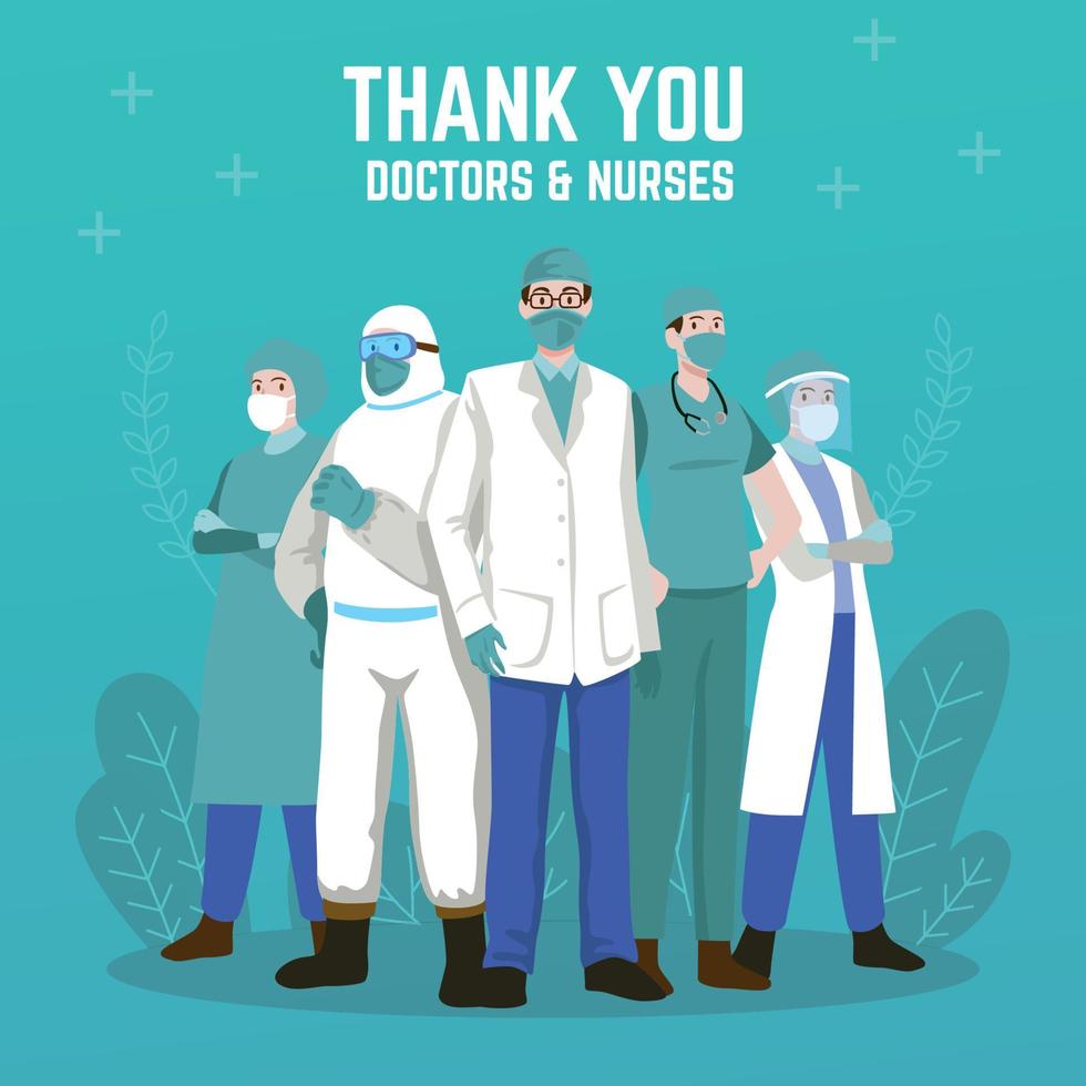 Thank you doctors and nurses. Thank you brave healthcare workers. Doctor is a hero. Medical personnel team for fighting the coronavirus. Eps10 vector illustration.