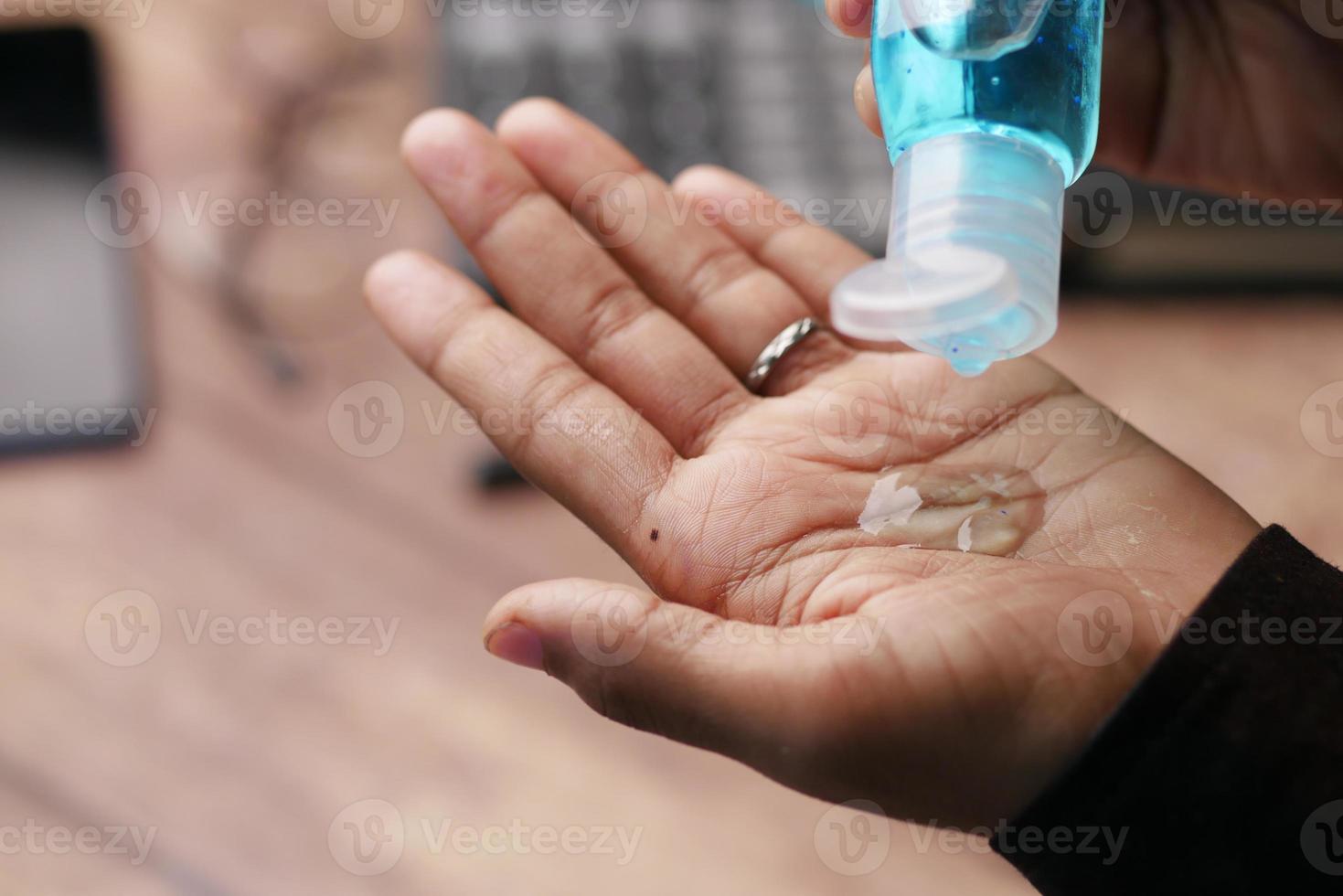 Using sanitizer liquid for preventing corona virus photo
