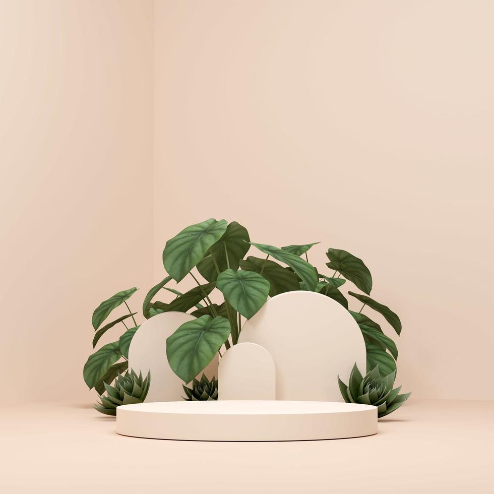 3D illustration rendering image of empty space mockup podium geometric shape and green nature themed for product display photo