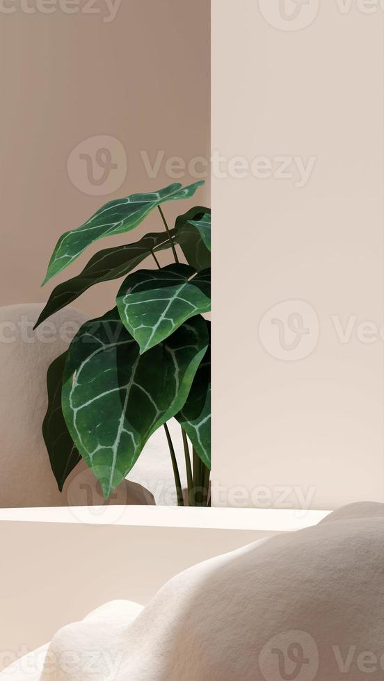 3D illustration rendering image of empty space mockup podium geometric shape and green nature themed for product display photo