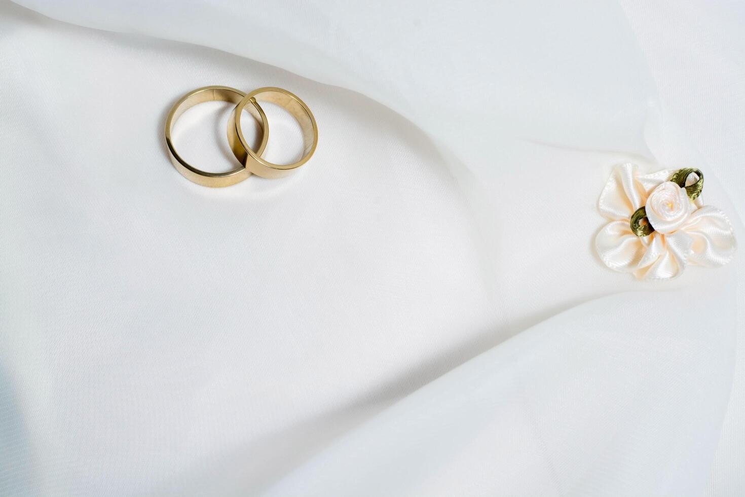 Two wedding rings laying on wedding dress photo