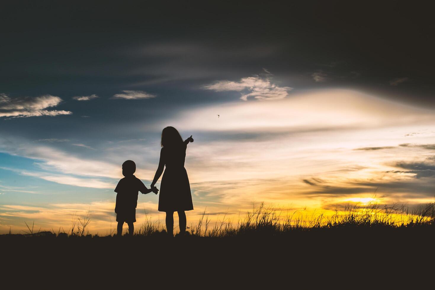 silueta de madre animó a su hijo al aire libre al atardecer, concepto de silueta foto