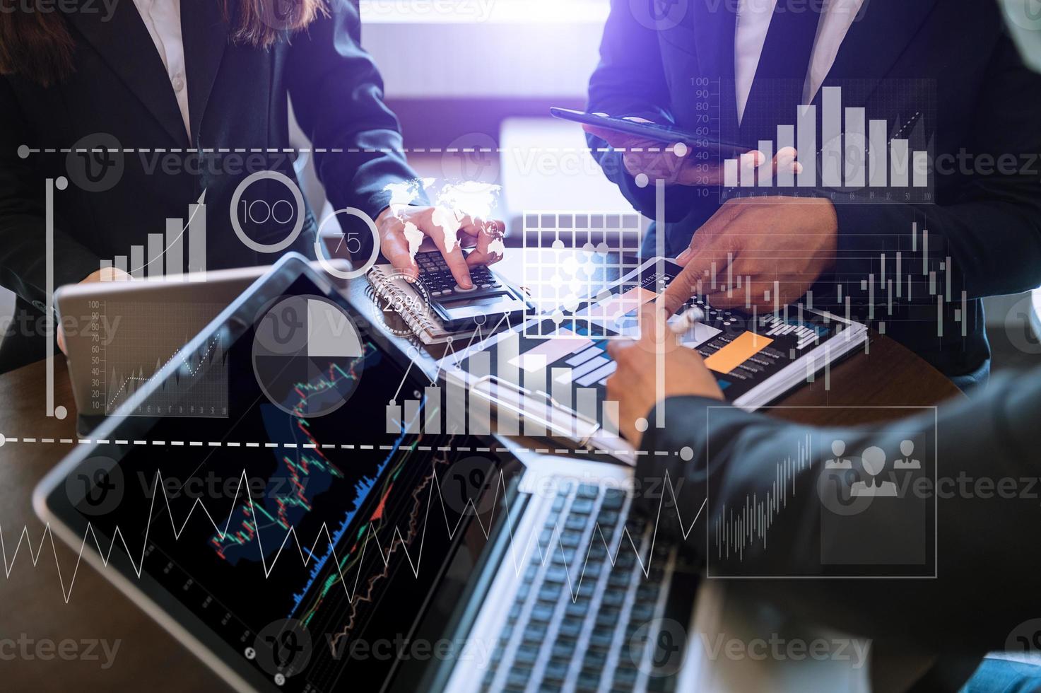 Three stock traiders making analysis of digital market and investment in block photo