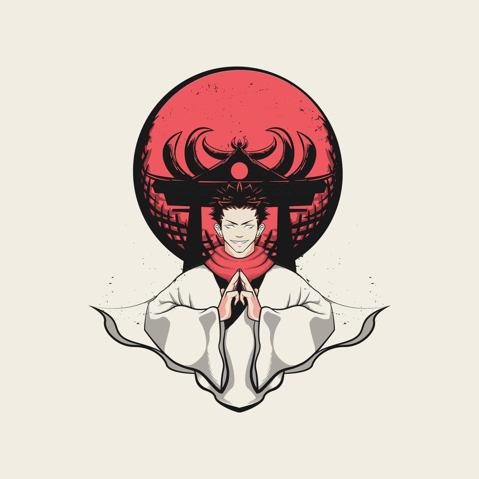 ilustración del hombre del invocador de la puerta del infierno en el fondo de la luna roja vector